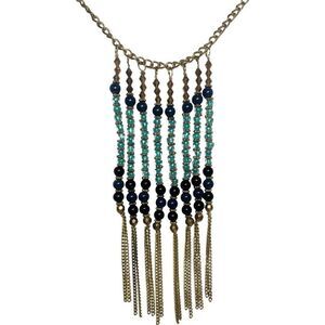 Navy And Light Blue Glass Beaded Dangle Fringe Gold Tone Vintage Necklace 23”